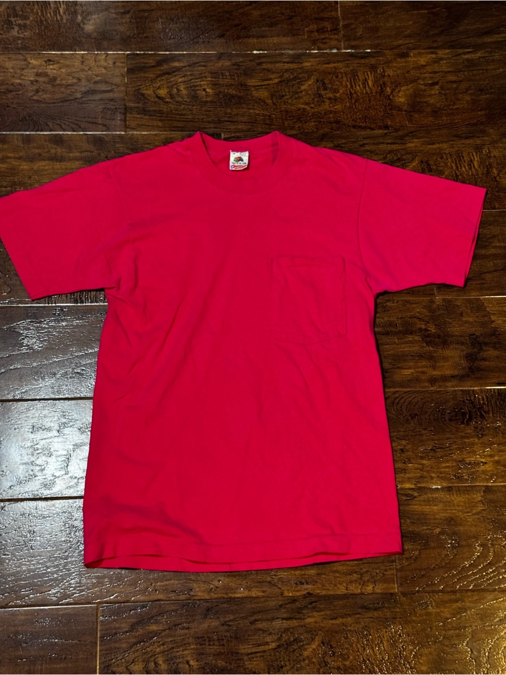 Vintage Fruit of the Loom Bright Pink Pocket Short Sleeve T Shirt Made in USA